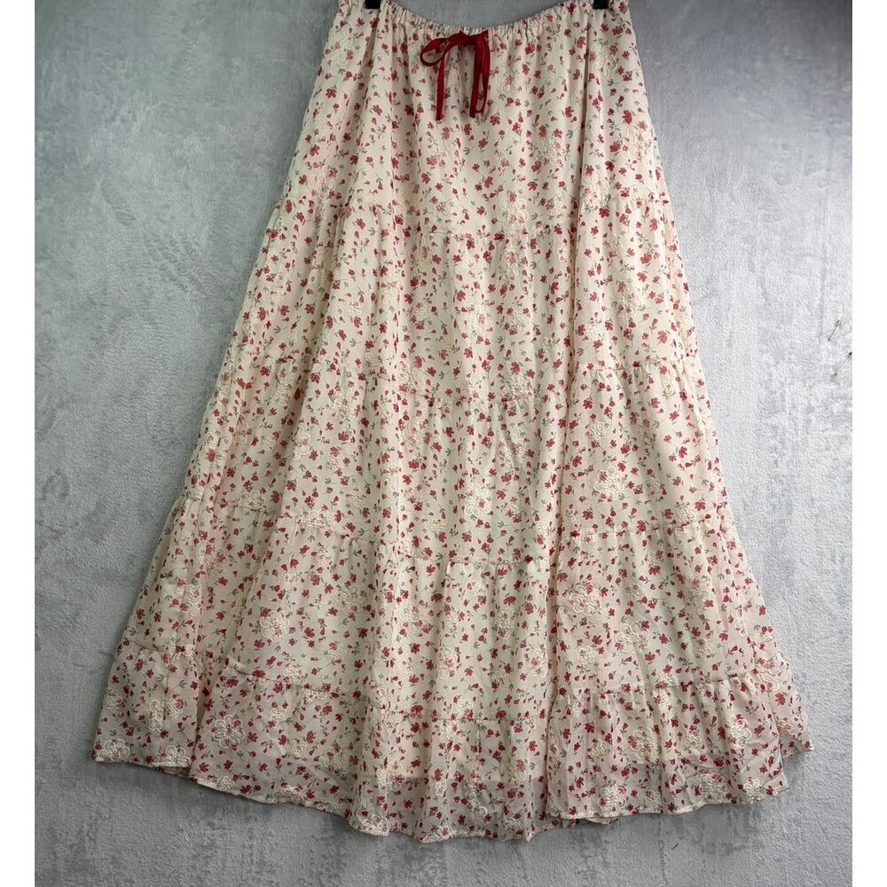 Polagram BaeVely Cream Red Floral Tiered Boho Maxi Skirt - Size L - Picture 4 of 9